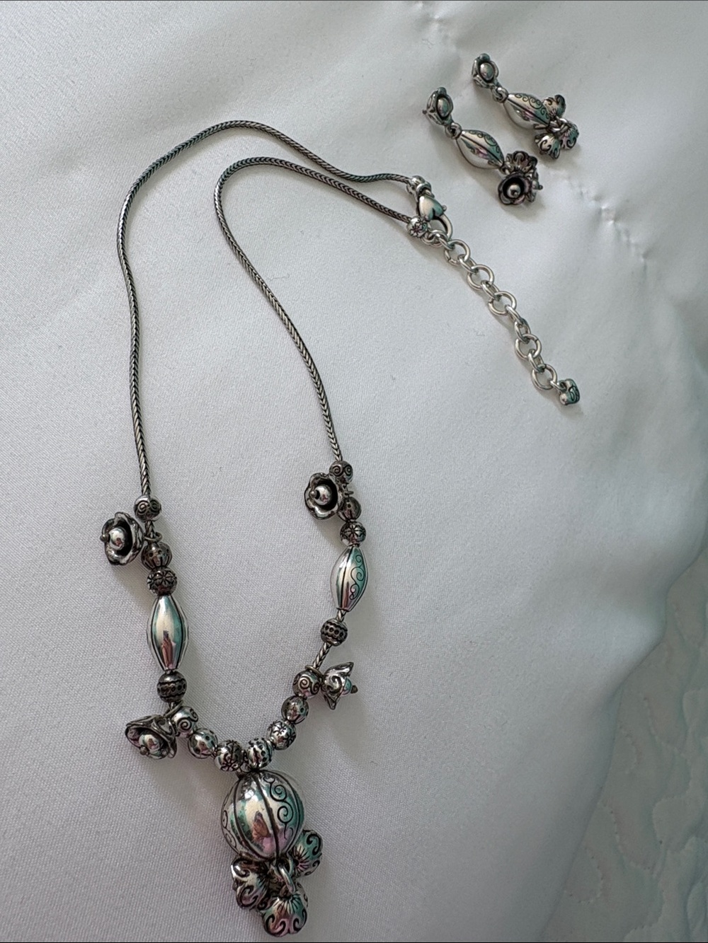 Vintage Brighton Silver Floral and Filigree Charm Necklace and Earring Set
